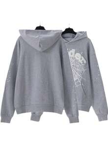 Autumn/Winter Clothing: Street-Style Hip-Hop Style Foam Spider Web Hooded Sweatshirt, Fashionable Sporty Hoodie. - 灰色 - 查看 1