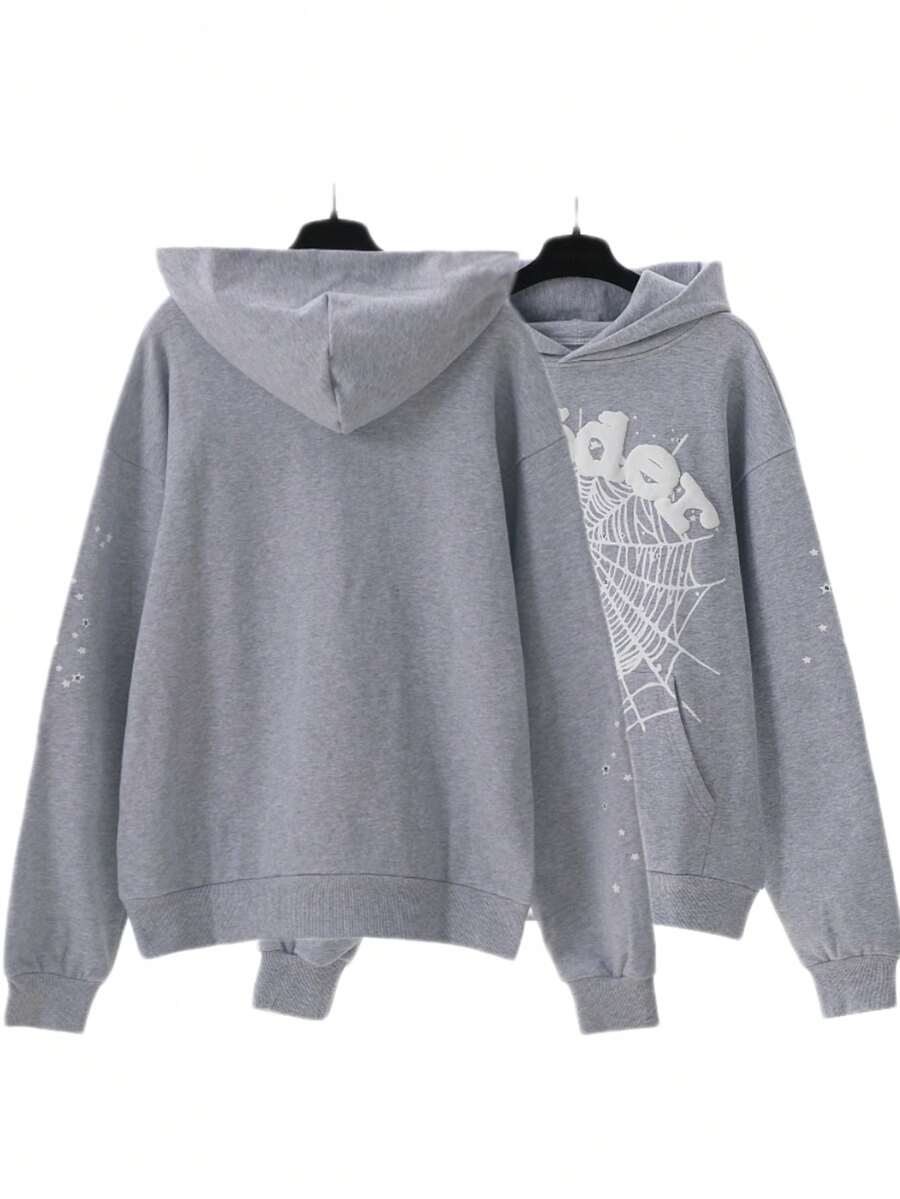 Autumn/Winter Clothing: Street-Style Hip-Hop Style Foam Spider Web Hooded Sweatshirt, Fashionable Sporty Hoodie. - 灰色 - 查看 1