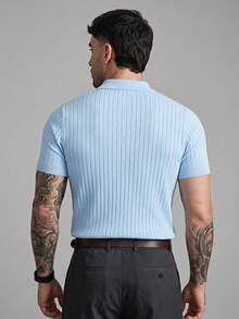 Men's Ribbed Airplane Collar Polo Knit Shirt, Short Sleeve, Summer Fashion - Baby Blue - View 4