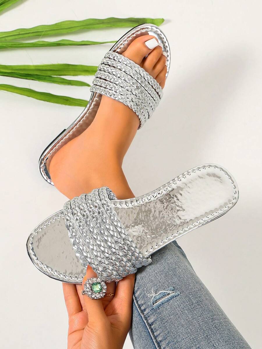 European & American Shiny Silver Rhinestone Woven Slide Sandals For Women, Open Toe Transparent Sole Slip-On Sandals, Versatile Casual Sandals For Vacation And Party - Silver - View 1