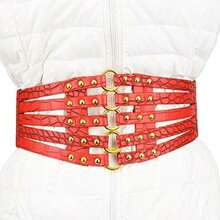 Hollow Out Rivets Cinch Belt Tied Corset Elastic Wide Waist Belt Underbust Waistband Mother's Day - Red - View 6