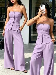 Strapless Bustier Set With Wide Leg Pants - Elegant Style For Women - Lilac Purple - View 4