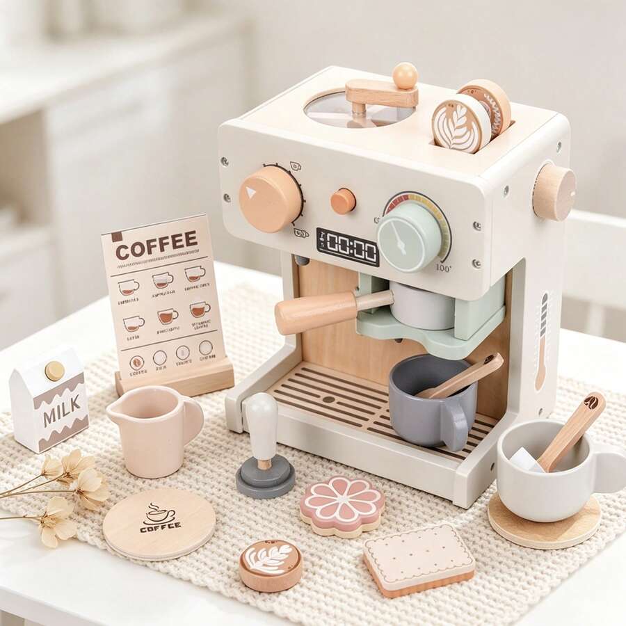 1 Set Danish Style Children's Pretend Play Coffee Machine Toy, Wooden Kitchen Cookware Educational Role Play Gift