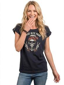 Women's Skull Print Tee With Sassy Quote – Biker T-Shirt For Festival, Rock & Moto Fans – Cotton In Blue, Grey Or Black S– 2XL - 34-36 = Size S US Women's Numeric - View 6