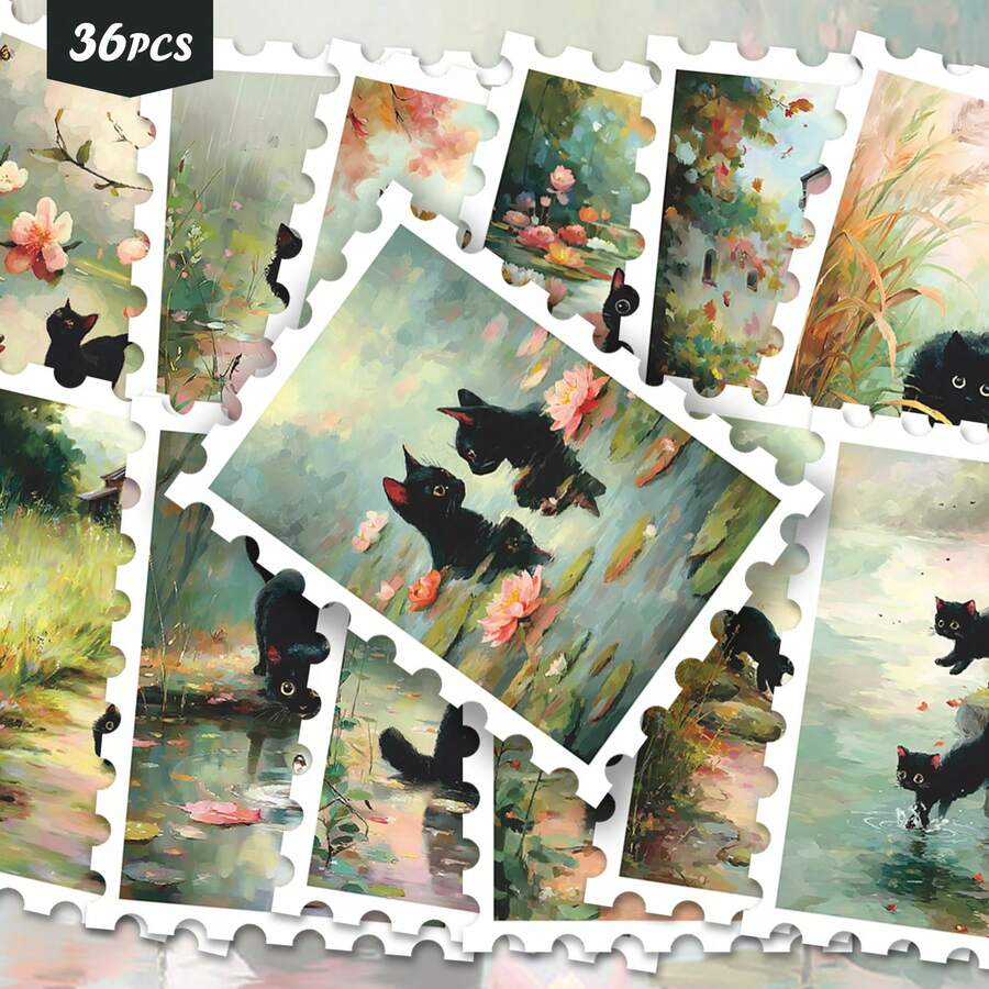 36 Stück Schwarze Katze & Seerose Aufkleber Packung | Impressionistischer Ölmalerei Stil Blumen Teich & Gartenszene mit schwarzer Katze Kunstgrafiken | Vinyl für Journaling, Scrapbooking & Dekoration Schulbedarf - Rechteck - Übersicht 1