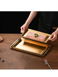 1 Stück rechteckiges Grilltablett aus Edelstahl, goldene Grillplatte, Serviertablett, Backform, Speiseplatte, Partyplatte, Dessertteller, Kuchenständer, Obstteller, Snackteller, Küchenzubehör, geeignet für Zuhause, Küche und Weihnachtsgeschenke - Gold - Übersicht 6
