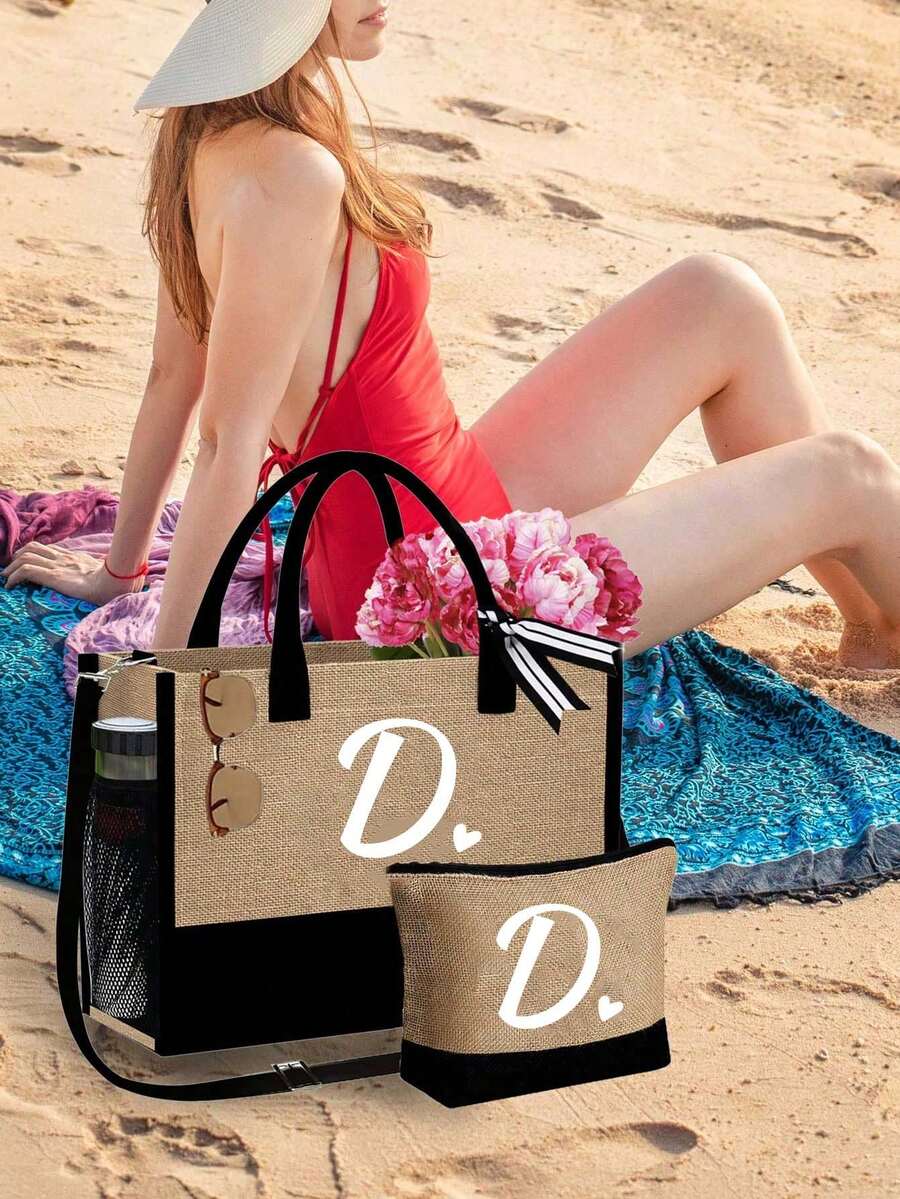 Black Linen Tote Bag With Shoulder Strap And Makeup Bag, Minimalist White Letter Pattern, Large Capacity, Detachable Strap, Can Also Be Used As Toiletry Bag, Coin Purse Or Pencil Case