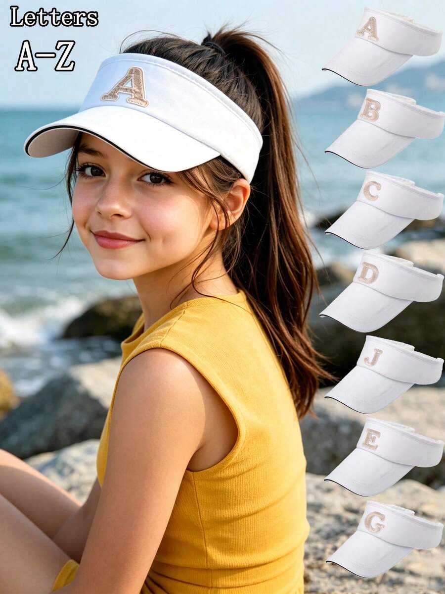 1PC Children 26 Letter Baseball Cap Girls Sun Hats High Ponytail Tennis Hat Sports Boys Running Golf Visor Cap Adjustable Elastic Hollow Top Style - White - View 1