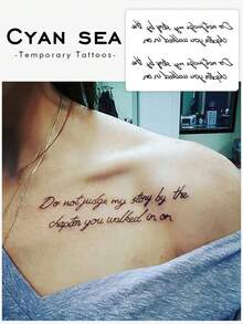 1pc Simple Flower Style English Short Sentences Tattoo Sticker, With Realistic Tattoo Design. Suitable For Daily Travel, Music Festivals, Games, Graduation Gifts. Lasts For 3-5 Days. - Black - View 1