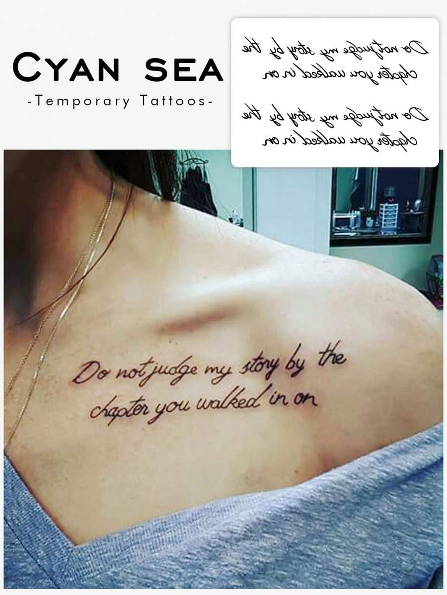1pc Simple Flower Style English Short Sentences Tattoo Sticker, With Realistic Tattoo Design. Suitable For Daily Travel, Music Festivals, Games, Graduation Gifts. Lasts For 3-5 Days. - Black - View 1