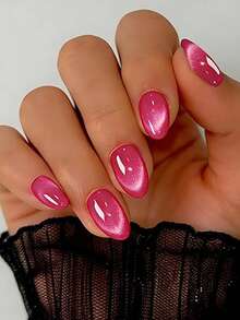 Uñas postizas de presión con forma ovalada corta y efecto ojo de gato, esmalte grueso brillante rojo rosa para mujer, uñas reutilizables con pegamento magnético y purpurina, forma almendrada, 12 tamaños, 24 piezas - Rosa Fucsia - Ver 3