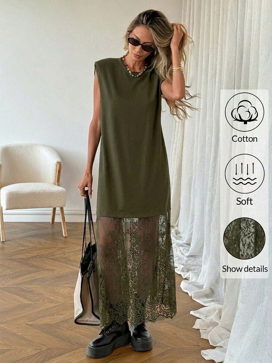 LUNE Vestido largo de mujer casual de unicolor con parches de encaje sin mangas, adecuado para uso diario, ir al trabajo y moda - Verde - Ver 1