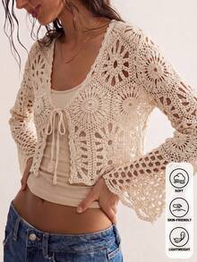 Women's Summer Bohemian Crochet Cover Up, Handmade Hollow Knit Cover-Up, Flare Sleeve & Front Tie | Festival Outfit, Beach Vacation Layering - Apricot - View 2