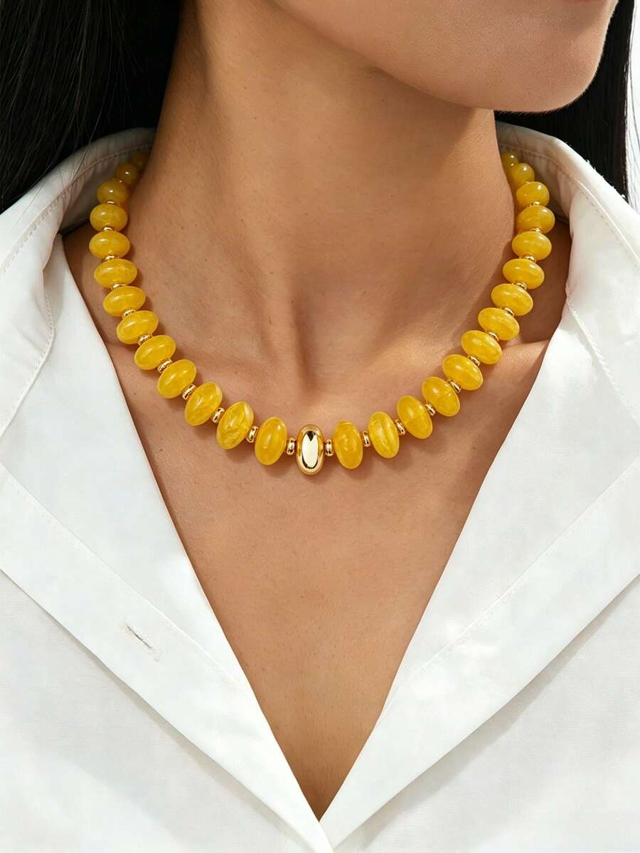 New Dopamine Colorful Acrylic Beaded Necklace Fashion Geometric Beaded Women's Necklace Summer Vacation - Yellow - View 1