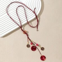 1 Collar De Cadena De Cuerda Encerada Con Placa Colorida Esmaltada En Forma De Y Con Cuentas Estilo Bohemio, Color Aleatorio - Burdeos - Ver 3