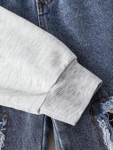 Autumn/Winter Design Contrast Color Plaid Polo Collar Letter Print Pattern Long Sleeve Drop Shoulder Polo Shirt And Distressed Patchwork Plaid Design Elastic Waist Straight Leg Denim Pants Set, Casual Street Style Loose Autumn/Winter Outfit, Suitable For Daily Wear - Light Grey - View 10