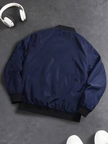 Men's Navy Blue Aviator Jacket, Embroidered Patch Design, Casual Zip-Up Baseball Jacket - Royal Blue - View 2