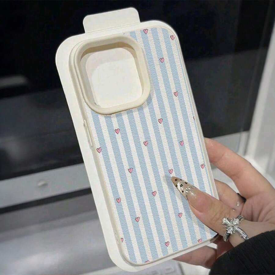 Phone Case: UV Printed Blue Striped Heart Pattern Design, 1 Textured Case, Compatible With IPhone 17/16/15/14/13/12/11/X/Pro/Max/Plus, TPU Protective Case - 彩色 - 查看 1