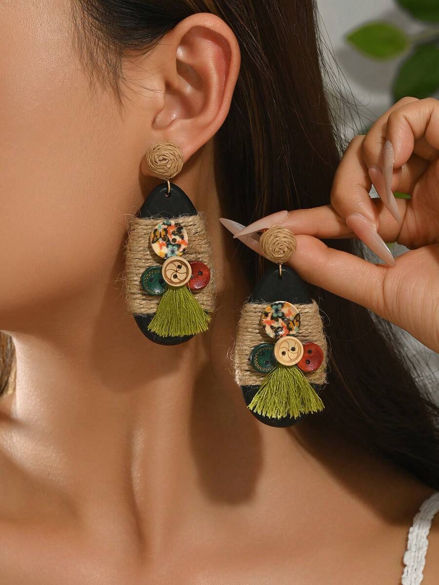 1對歐美波希米亞復古手工編織拉菲草幾何木製耳環/適合女性日常穿搭與度假 - 水滴-F - 查看 1