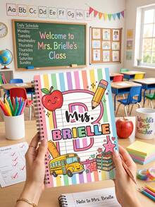1pc Custom Rainbow Striped Initial Teacher Notebook, School Bus Apple Doodle Spiral Journal,Preschool & Elementary Teacher Daily Classroom Planning Notebook,Teacher Lesson Planner ,School Supply,Teacher Appreciation Gift,Back To School - Multicolor - View 4