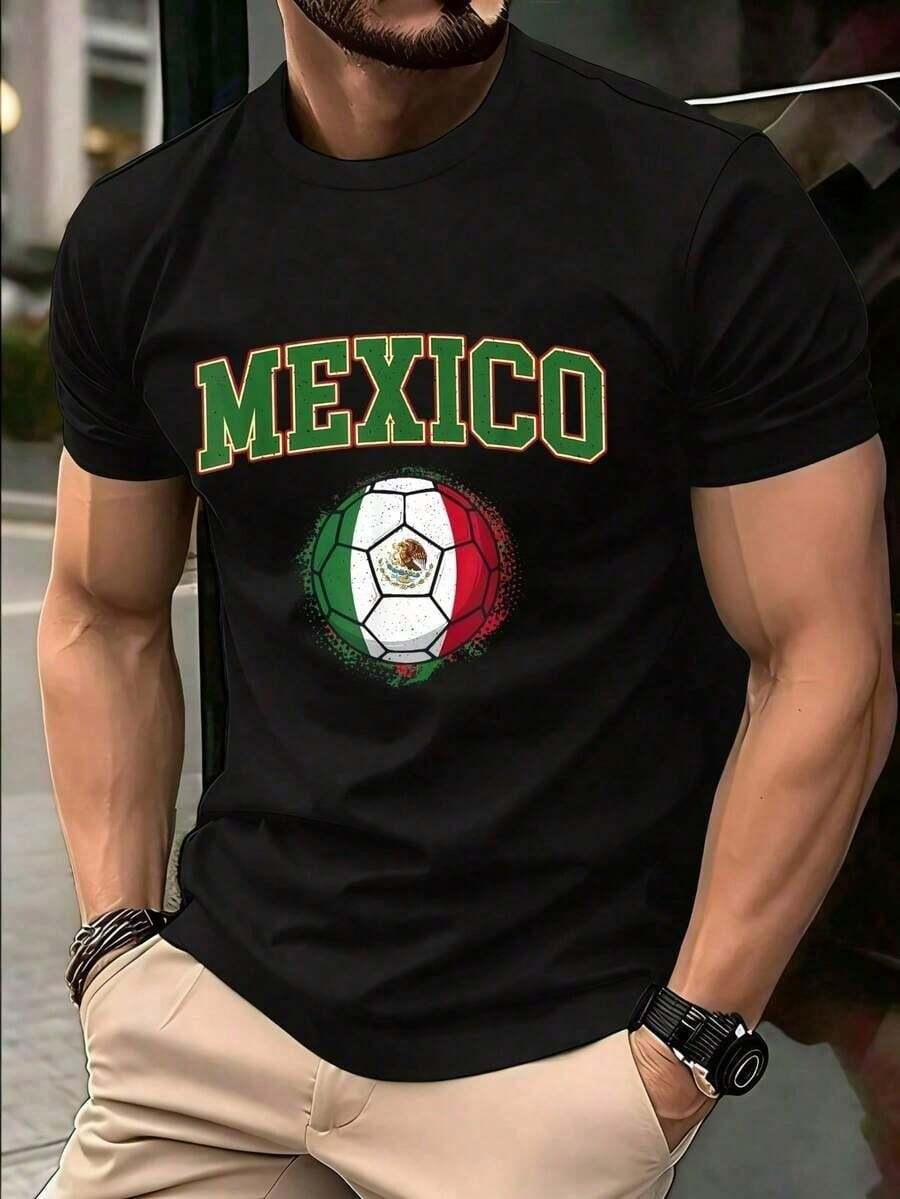 Men's Basic T-Shirt 100% Cotton Short Sleeve Basic Cotton Short Sleeve Summer Black/White/Red/Blue/Green Men's Crew Neck Short Sleeve T-Shirt Mexican National Soccer Team - 黑色 - 查看 1