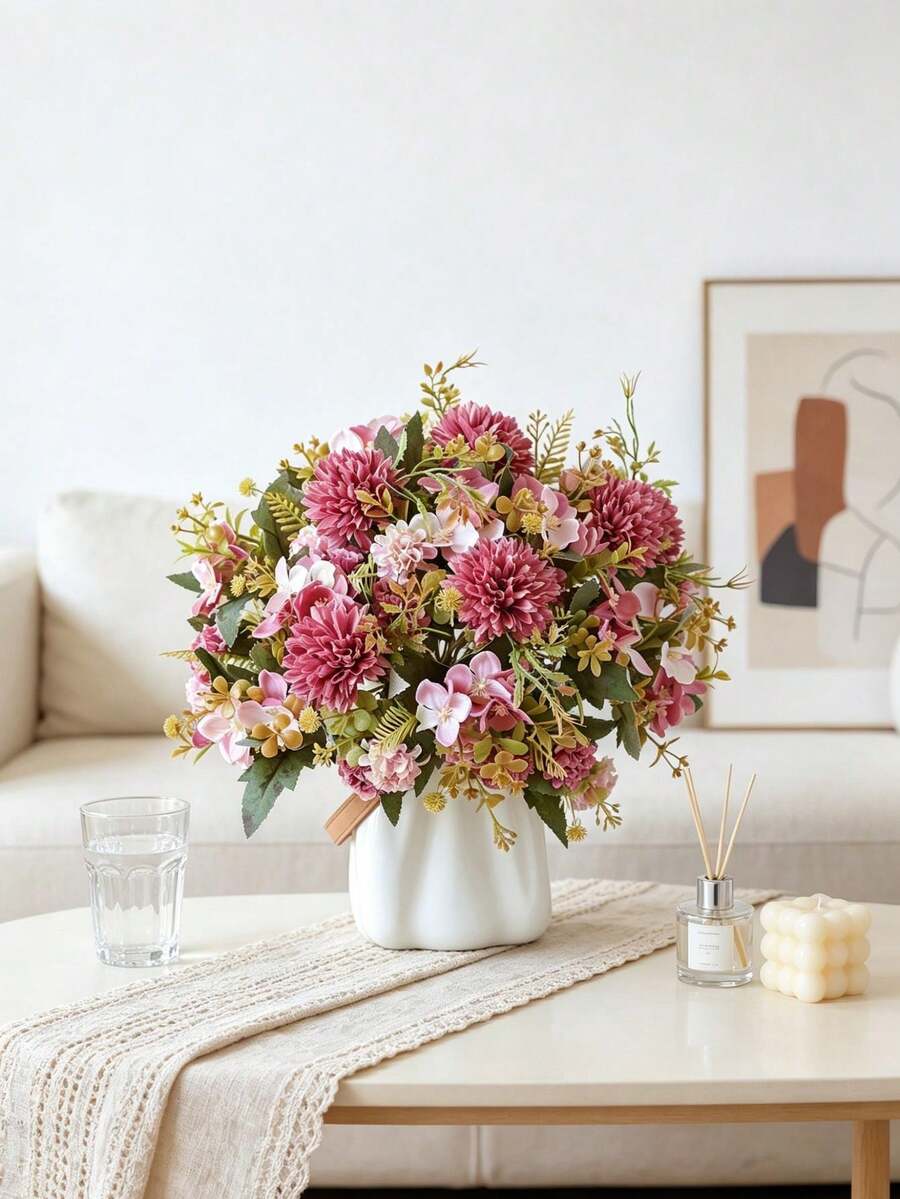 1件人造球形菊花與刺繡球花束,適用於婚禮、桌面裝飾、新娘造型、家居裝飾、活動佈置、戶外裝飾、節日裝飾、情人節禮物、DIY花藝布置 - 沙紅色 - 查看 1
