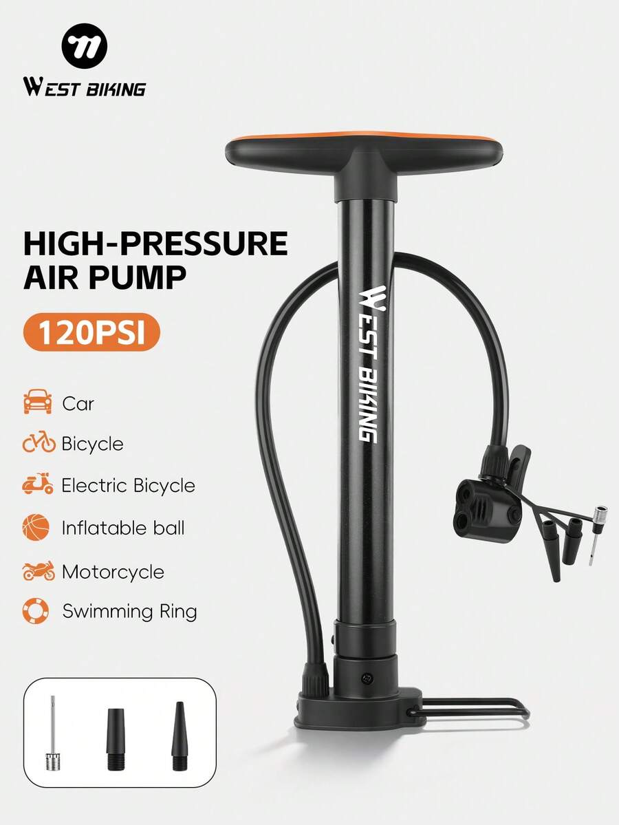 WEST BIKING 120psi Bicycle Pump, Lightweight And Portable, Stainless Steel Material, Durable, Suitable For Three Types Of Valves, Home Inflation Tool - Multicolor - View 1