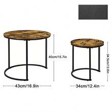2pcs Coffee Table Set, Round Nesting Coffee Table Set - Industrial Wood Grain Side Tables For Living Room Bedroom Balcony - Wood Color - View 2