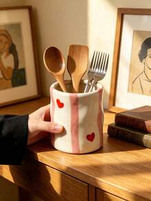 1pc Vintage Striped Ceramic Storage Jar, Multifunctional Kitchen Utensil Holder & Makeup Brush Organizer, Kitchen & Desk Aesthetic Home Decor - Multicolor - View 12