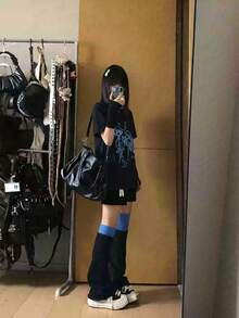 可愛印花女款短袖T恤 寬鬆慵懶落肩上衣 青春學院風 百搭顯瘦 大尺碼學生夏季上衣 - 黑色 - 查看 5