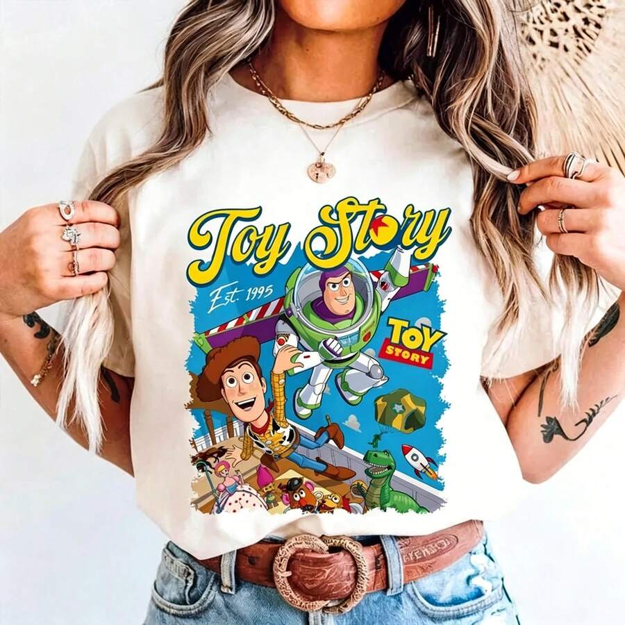 Disney Vintage PixarToy Story 5 Shirt,Woody Buzz Lightyear Lilypad Shirt, Lilypad Toy Story Shirt,Wdw Movie Characters Tee Oversized T-Shirt - 白色 - 查看 1