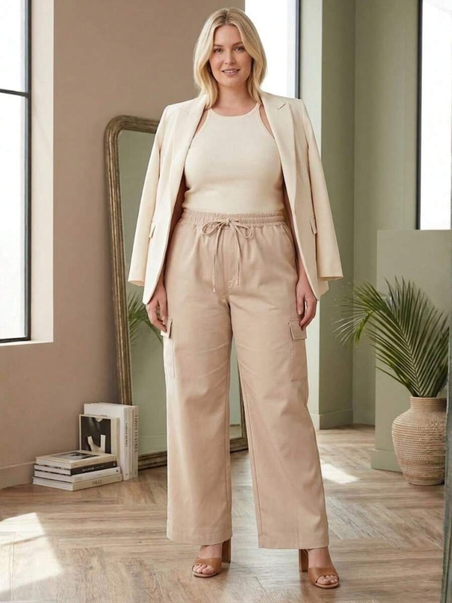 Women's Plus Size Tailored Cargo Pants With Wide Legs - Beis - Ver 1