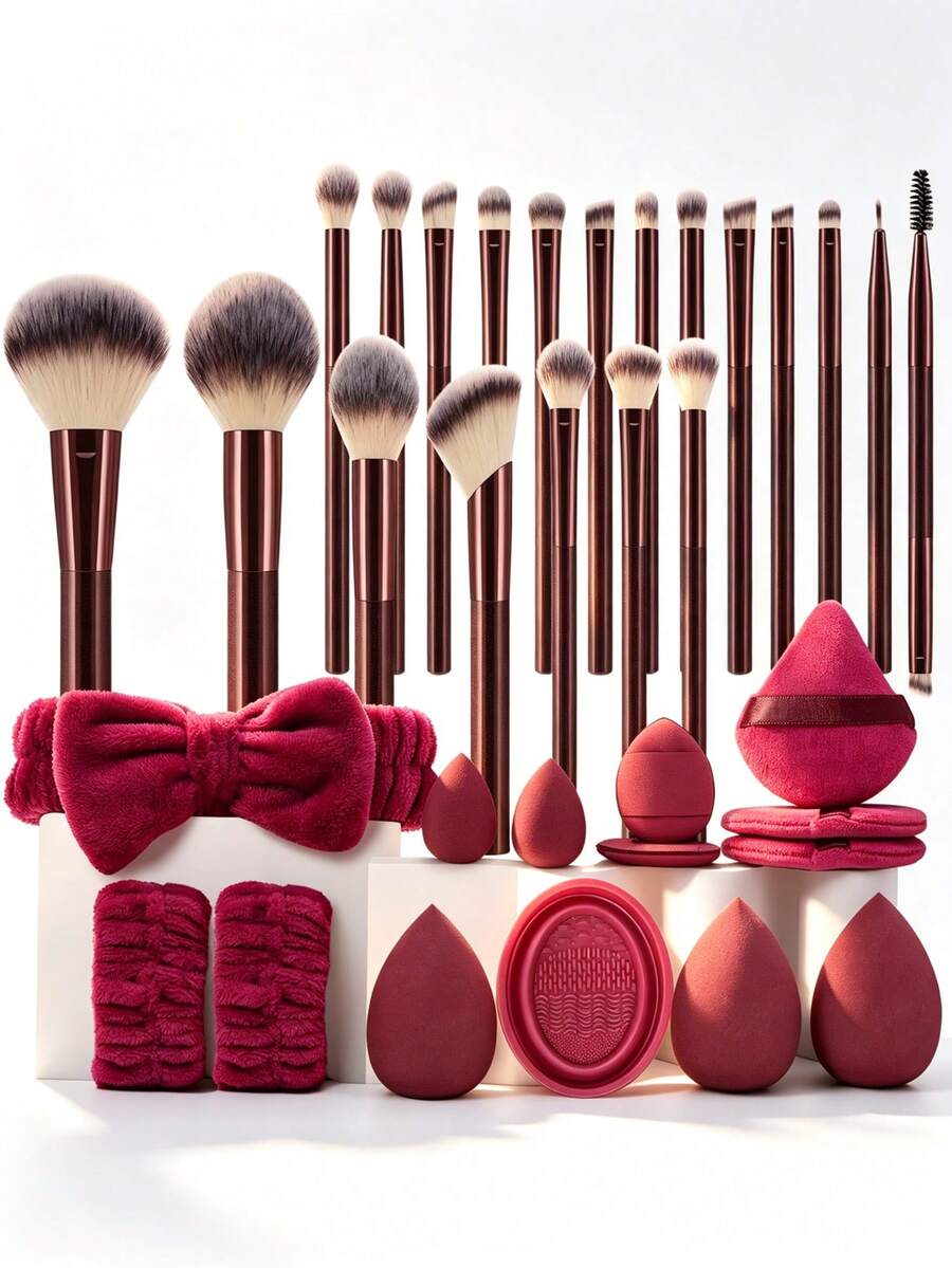 6/14/20/34PCS All-In-One Makeup Tools Set 20 Premium Cosmetic Brushes Beauty Sponges Triangle & Round Powder Puffs Plush Bow Hairband Wristbands Silicone Brush Cleaning Bowl Complete Daily Full Face Makeup Applicator Kit For Beginners