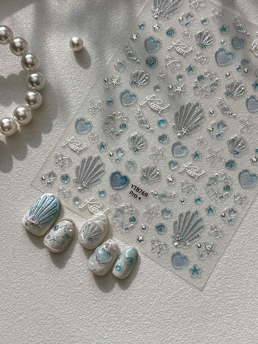 1片冰藍貝殼光銀箔壓印海洋浮雕3D防水自黏美甲貼紙，DIY裝飾