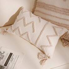 1pc Geometric Striped Embroidered Pillow Case, Minimalist Ins Style Polyester Chenille Fabric Loop Yarn Embroidered Pillow Case For Living Room Bedroom Sofa Car Pillow Replacement Cover Home Decor - Beige Waves - View 4