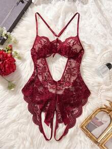1pc Women's Sexy Open Crotch Lace Jumpsuit, Backless Sheer Bow Teddy, No-Removal Lingerie For Home Or Private Party - Burgundy - View 7
