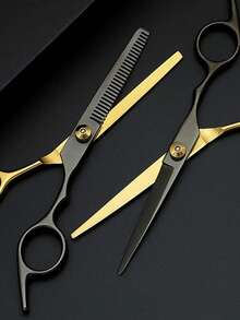 2pcs/1pc Professional Hair Scissors And Trimmer Set - Stainless Steel Black Gold Hair Scissors Set With Styling Comb, Ergonomic Design Salon Grade Home Haircutting Tools, Perfect Gift For Hairstylists - Multicolor - View 5