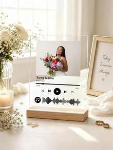 Personalized Custom Acrylic Music Photo Desk Display With Wooden Base, Engravable Exclusive Song Name And Artist Name, Custom Photo Music Waveform Commemorative Gift, Suitable For Couples, Friends And Family - Multicolor - View 3