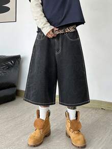 Justice Brother 1件韓系街頭風通勤設計口袋刺繡男士牛仔短褲，四季百搭寬鬆舒適寬腿五分褲（不含腰帶/配件） - 黑色 - 查看 3