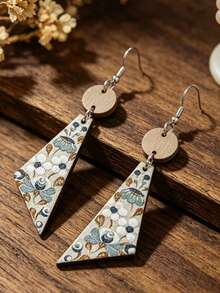 1 Pair Bohemian Vintage Floral Pattern Triangle Wooden Earrings, Painted Print Pastoral Ear Jewelry - Multicolor - View 4