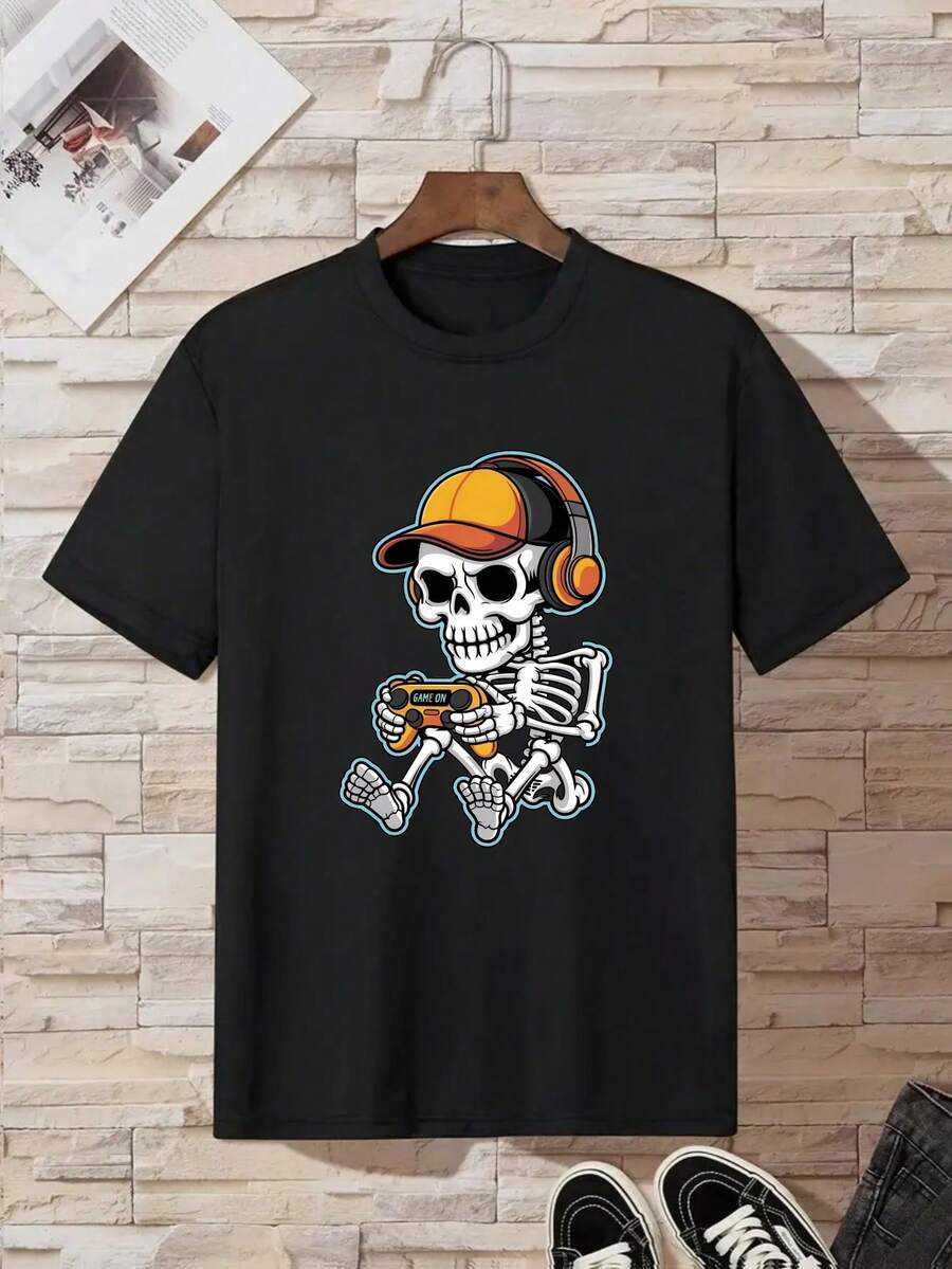 August 11, 2025, Summer T-Shirt For Boys With Skull Print, Casual Short Sleeve T-Shirt For Kids - Black - View 1