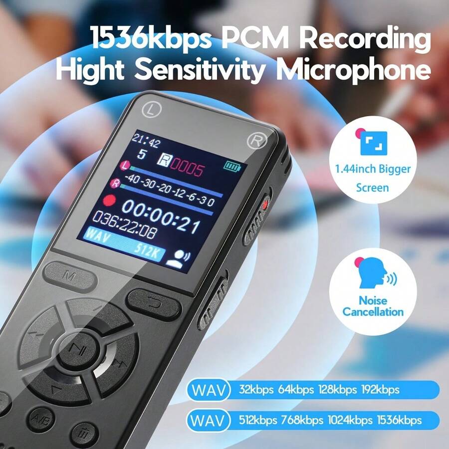 Perekam Suara Digital Portabel, Perekaman Definisi Tinggi PCM 1536Kbps, Pengurangan Kebisingan Cerdas, Layar Warna 1,44 Inci, Cocok Untuk Kuliah, Rapat, dan Wawancara - View 1