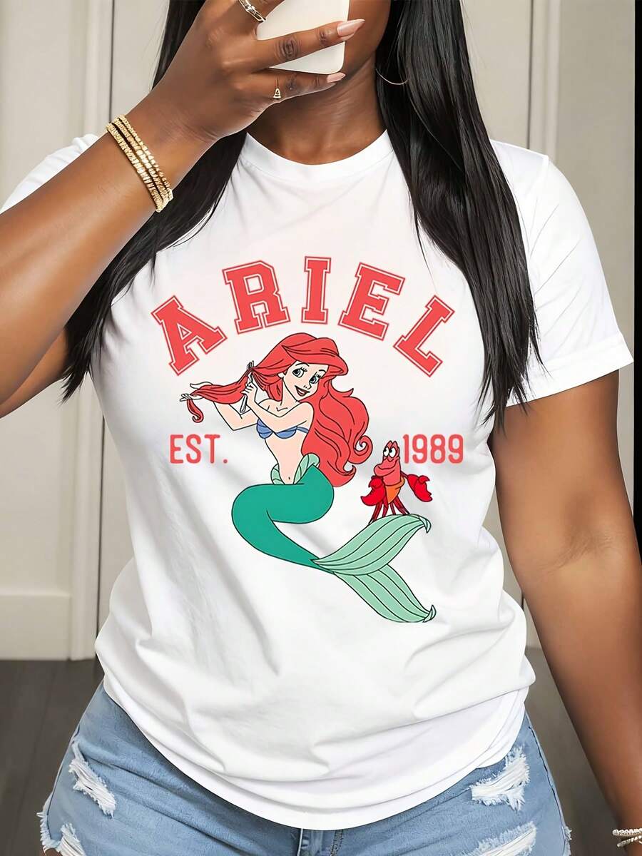Disney Ariel Mermaid And Flounder Print T Shirt Women Casual Summer Fashion Streetwear Style Top - 白色 - 查看 1