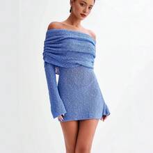 Vestido Mini Tejido Texturizado Azul Claro Sin Hombros, Banda Doblada con Fruncidos, Manga Larga Campana, Corte Ajustado para Citas y Fiestas Nocturnas - Albaricoque - Ver 2
