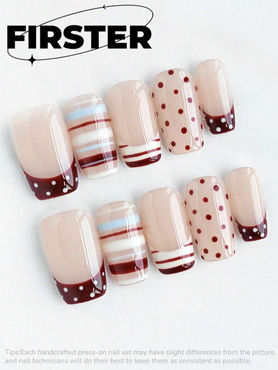 10 Stück mittel-kurze quadratische handgefertigte Press-On Nägel, Nude & Burgunder Kunstnägel, gepunktet, gestreift & French Manicure, glänzendes Finish, wiederverwendbare Acryl-Nägel, geeignet für den täglichen Gebrauch