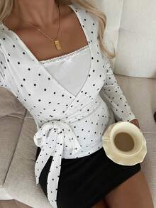 Sunny Girly Fall Y2K White Polka Dot V Neck Tie Waist Long Sleeve Tee, Slim Daily Top Perfect For Back To School Casual - White - View 10