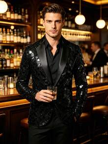 Men's Shiny Sequin Satin Lapel Blazer, Bar Nightclub Singer Stage Performance Formal Suit Jacket, Party Banquet Suit - Black - View 1