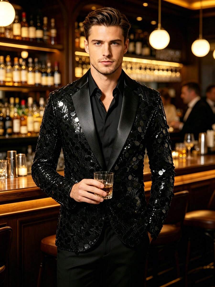 Men's Shiny Sequin Satin Lapel Blazer, Bar Nightclub Singer Stage Performance Formal Suit Jacket, Party Banquet Suit - Black - View 1