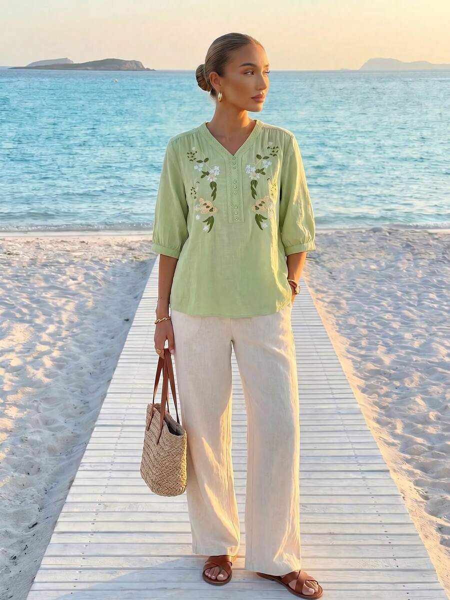 复古刺绣短袖女式衬衫,休闲夏季款 - 綠色 - 查看 1