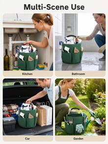 1pc Rustic Solid Color Garden Tool Tote, Round Bucket Shape With 6 Side Pockets & Padded Metal Handle, Foldable Oxford Cloth Storage Bag, Large Capacity Organizer For Home Gardening, - A - View 5